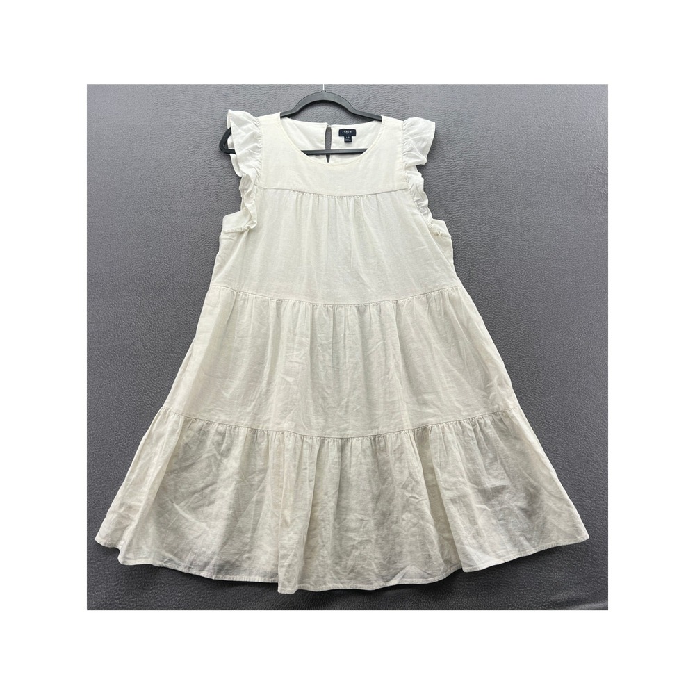 J.Crew Dress Womens Ivory White Linen Ruffle Tiered Mini Pockets Size 12